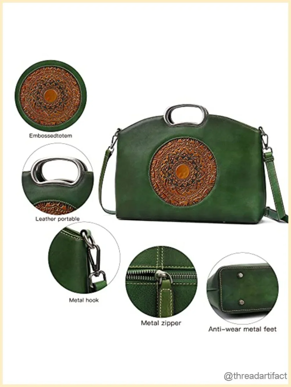 Genuine Leather Crossbody Satchel Handbag Vintage Embossed Totem Shoulder Bag